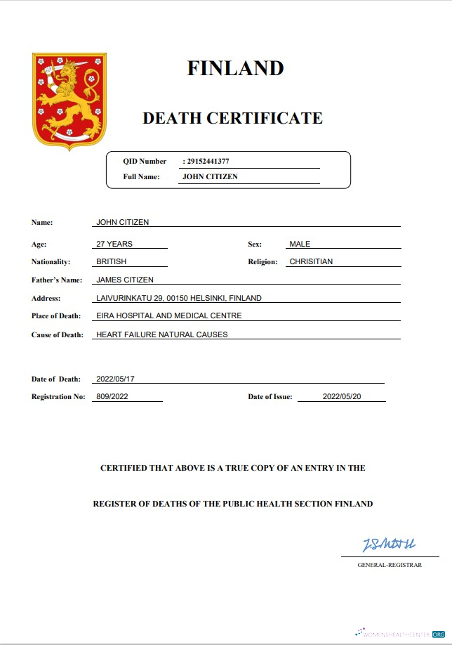 Download Finland death certificate Word and PDF template Photoshop template